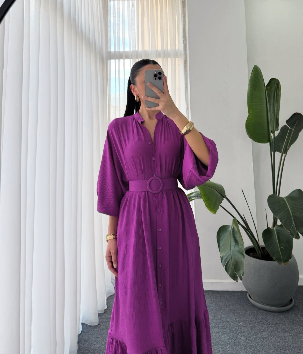 Belted Shirt Dress - Purple