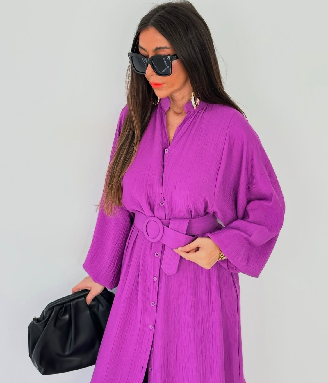 Belted Shirt Dress - Purple