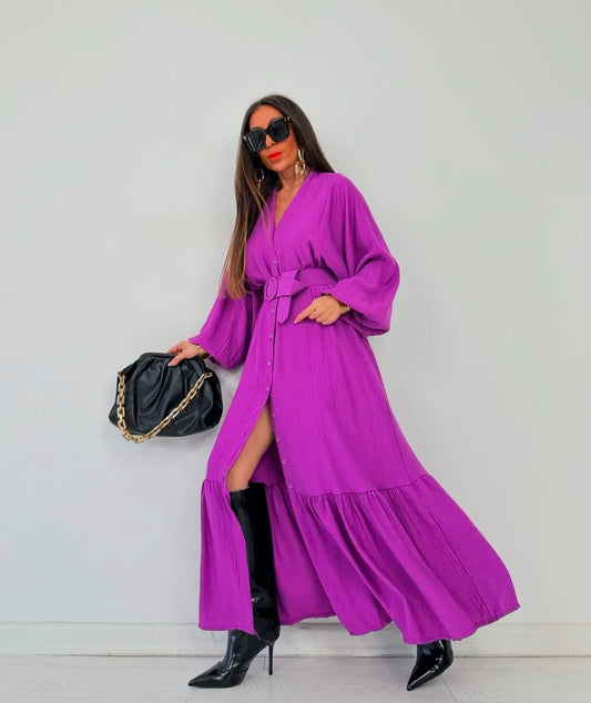 Belted Shirt Dress - Purple