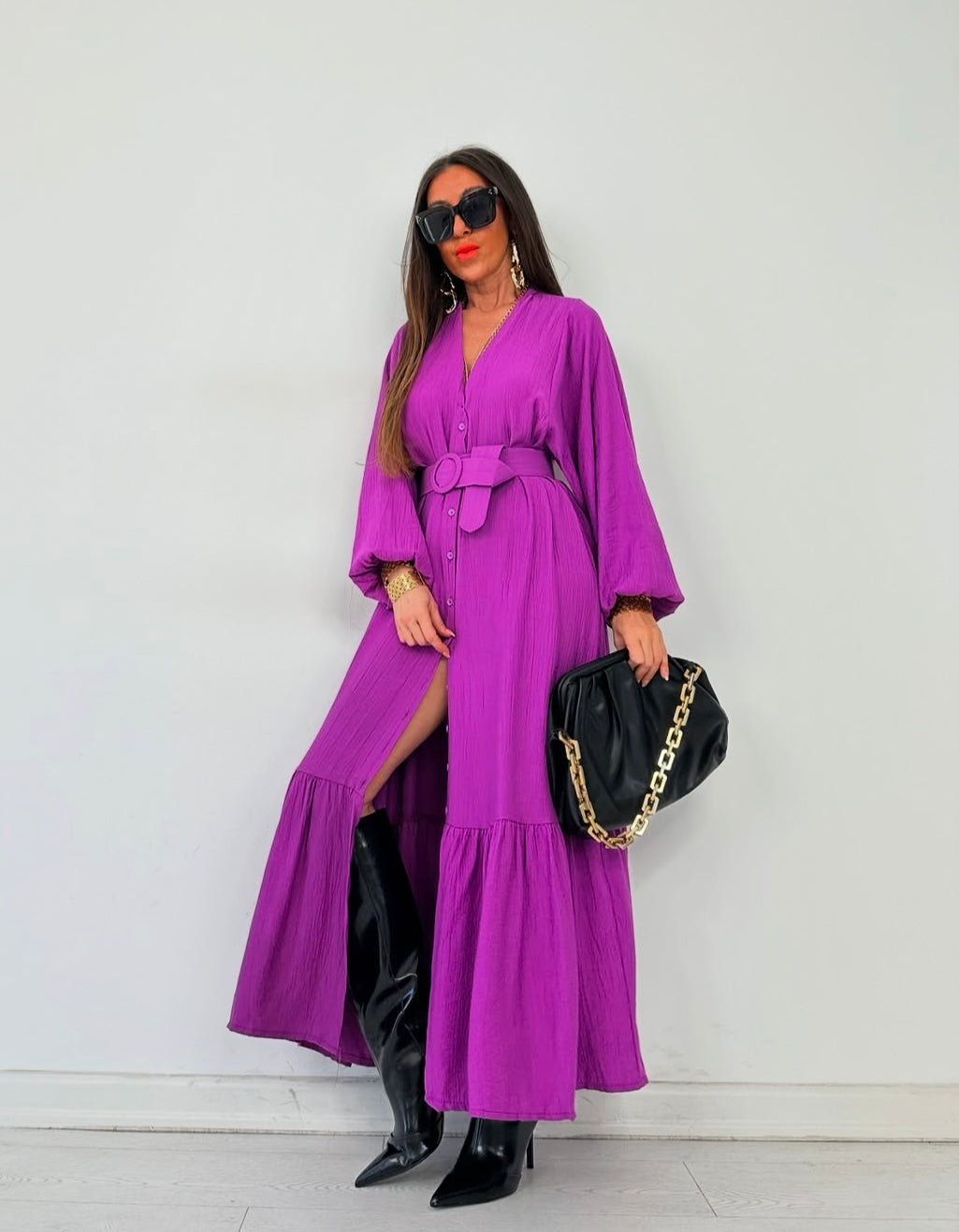 Belted Shirt Dress - Purple