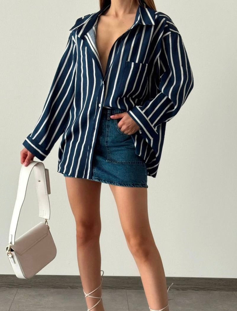 Navy x White Striped Buttoned Shirt