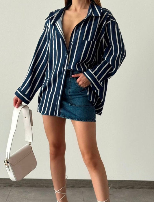 Navy x White Striped Buttoned Shirt