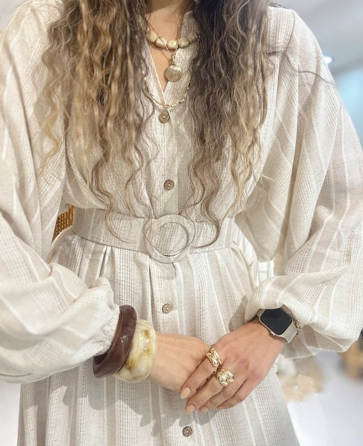 Belted Shirt Dress - Beige x Cream