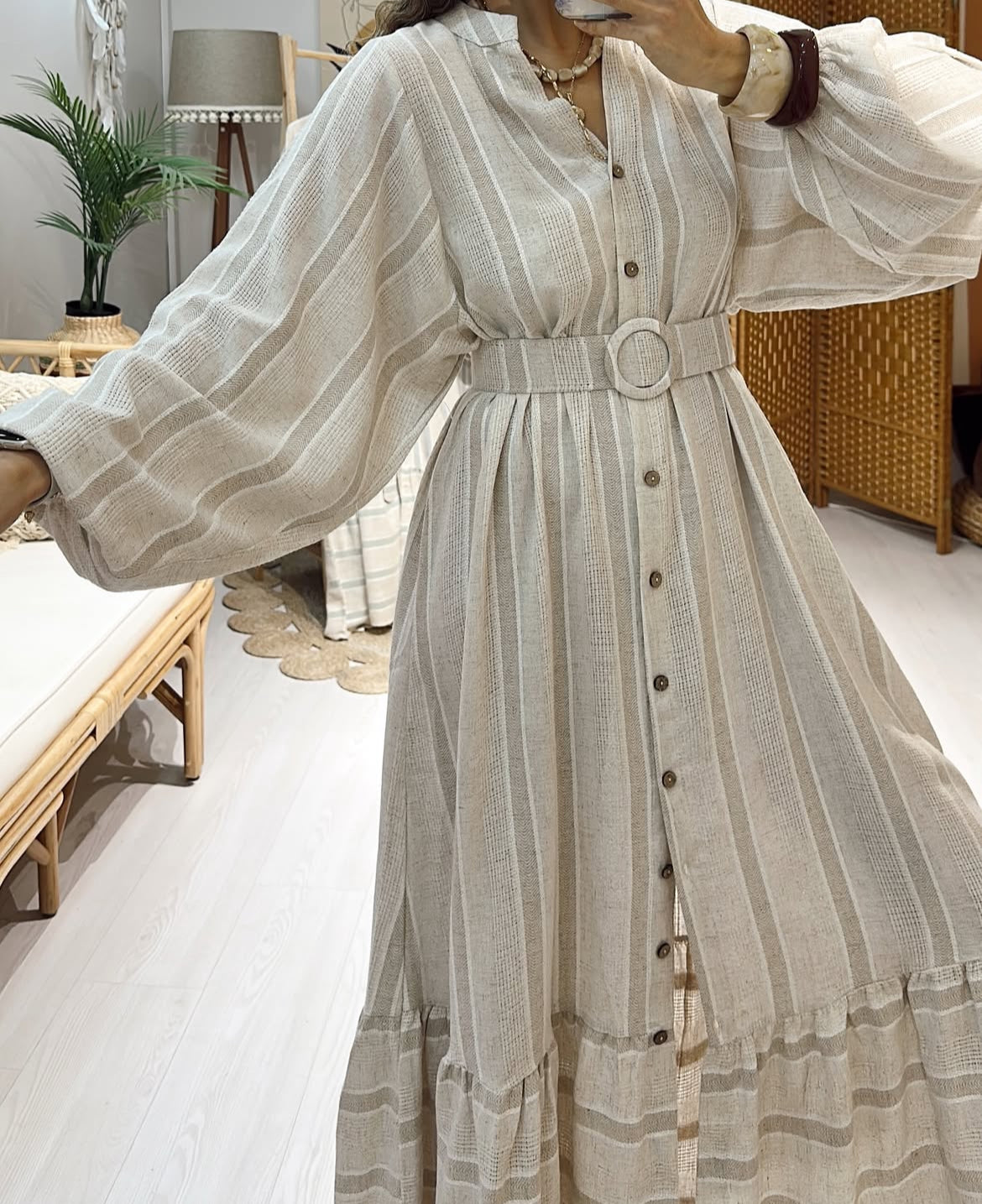 Belted Shirt Dress - Beige x Cream