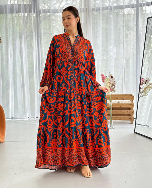 Red x Navy Patterned Dress