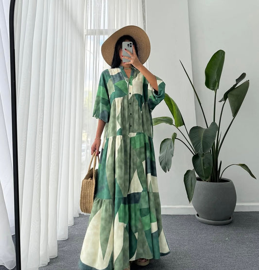 Green x White Geometric Pattern Dress (Pre-Order 10 Days)
