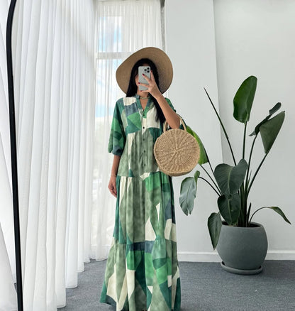 Green x White Geometric Pattern Dress (Pre-Order 10 Days)
