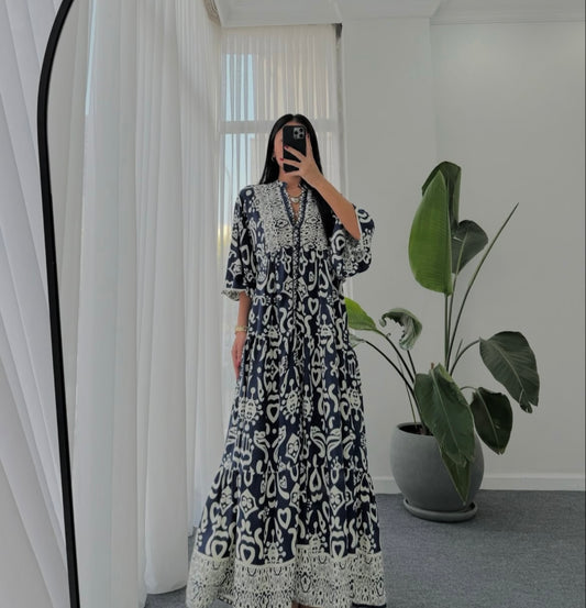 Printed Blue Dress (Pre-Order 10 Days)