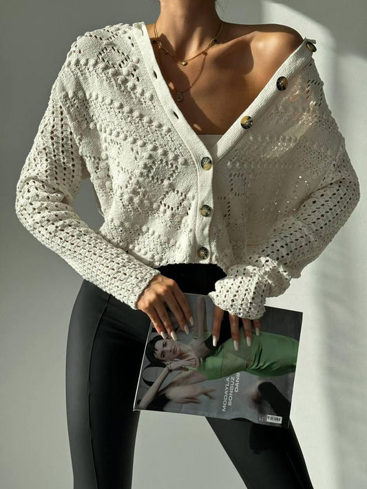 Buttoned pom pom cardigan - off white