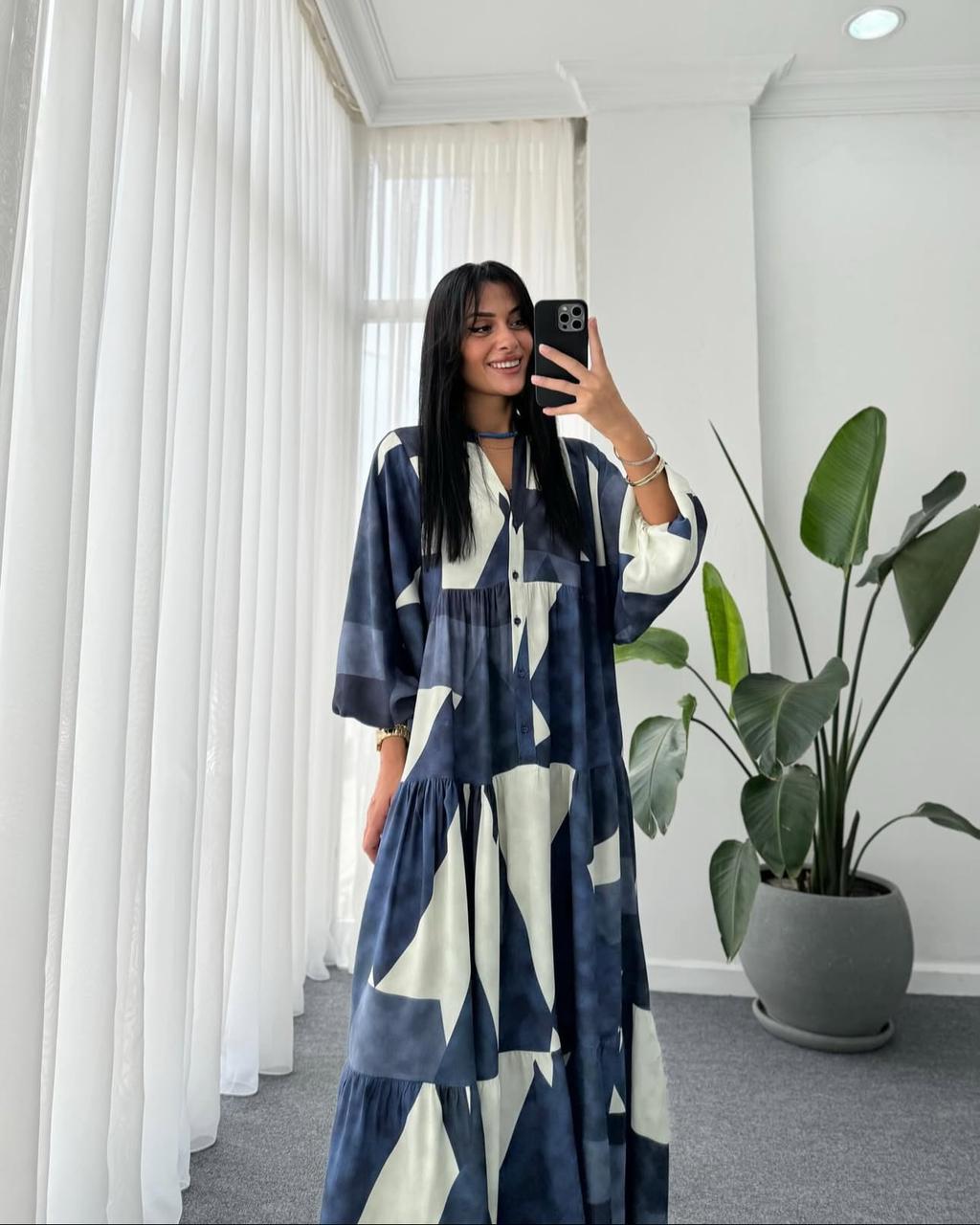Navy x White Geometric Pattern Dress