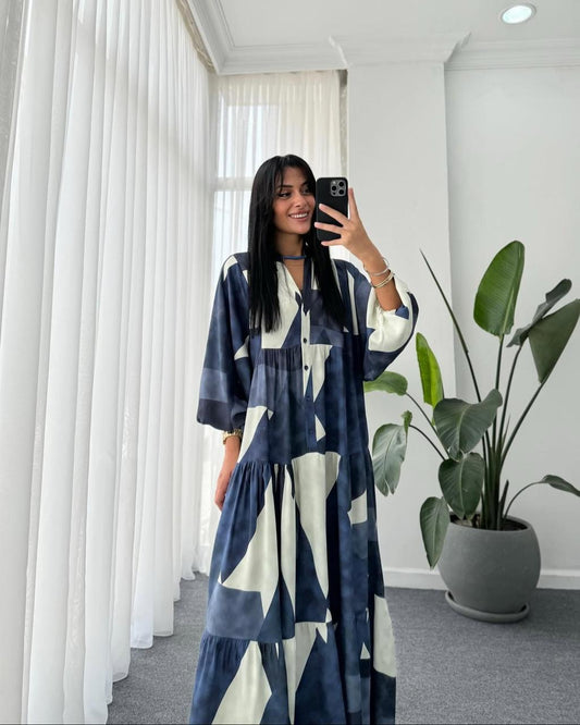 Navy x White Geometric Pattern Dress