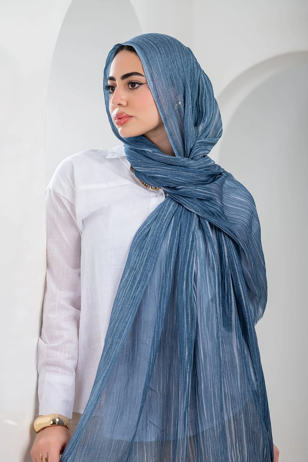 Denim Blue Ruffled Linen Scarf