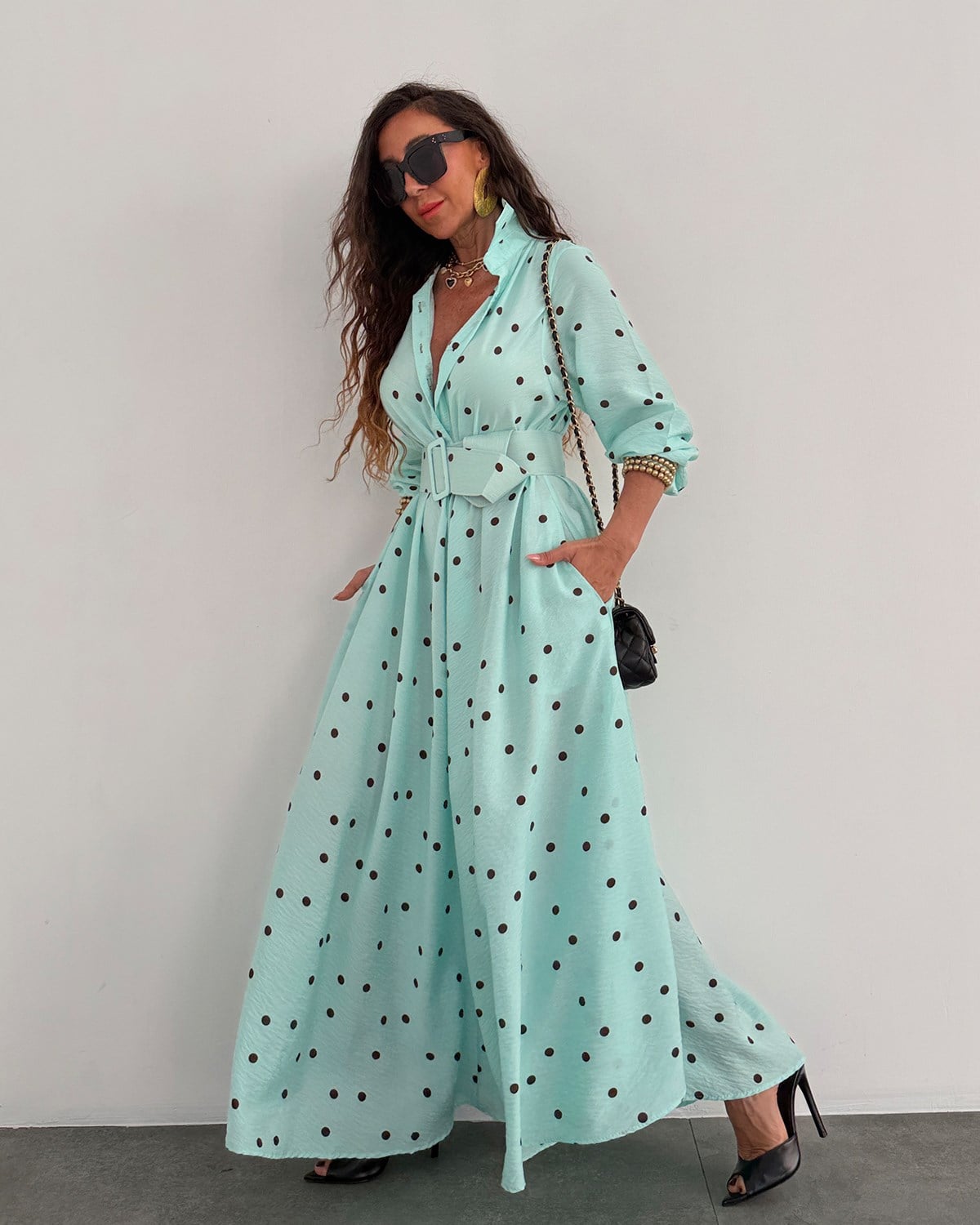 Polka Dots Blue Belted Dress
