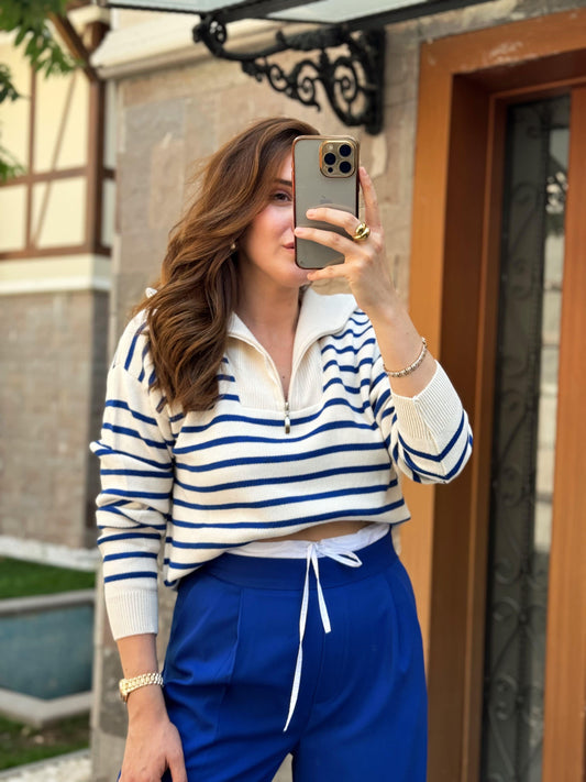 Striped Zippered Sweater - SAX BLUE
