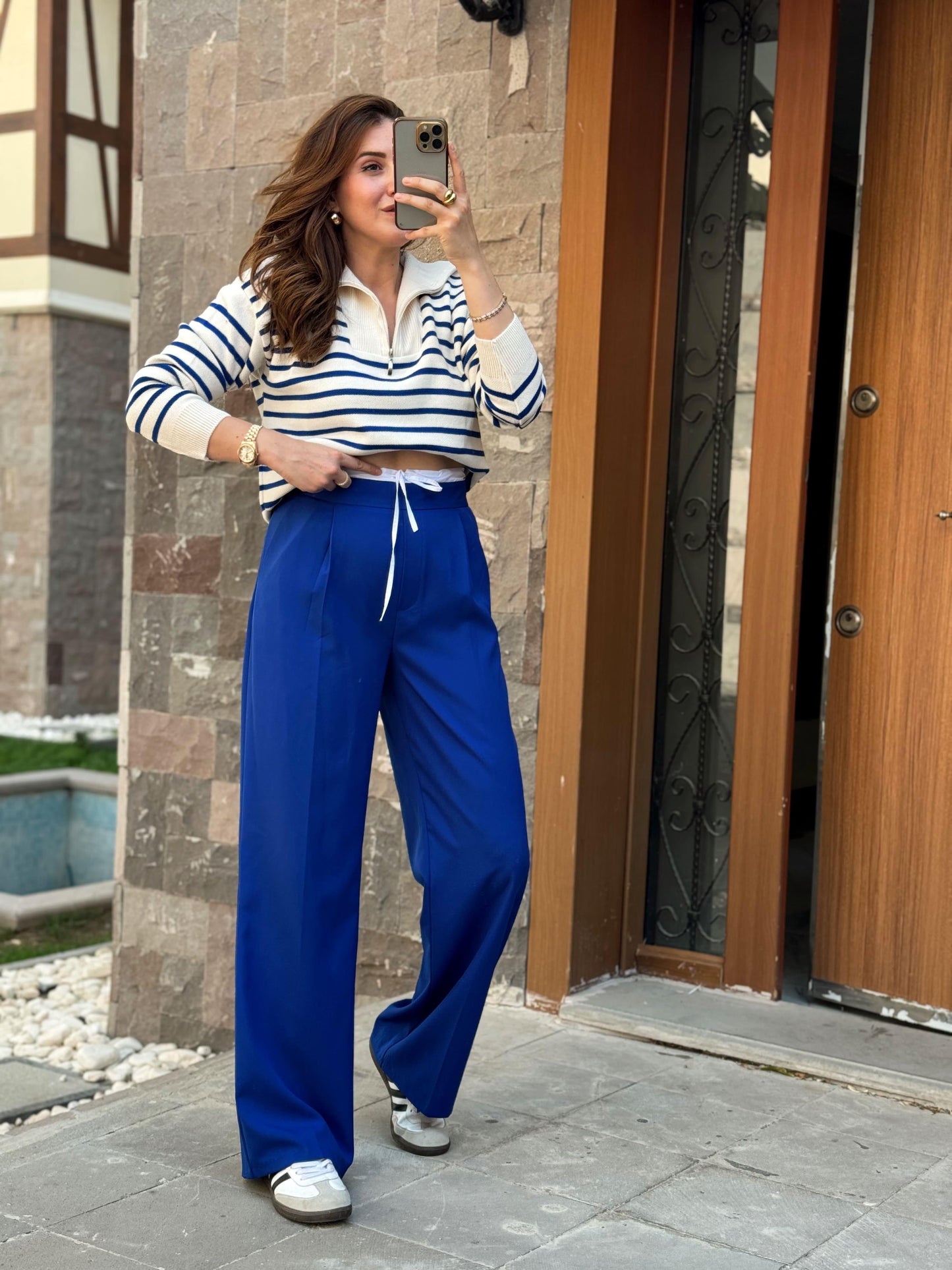Striped Zippered Sweater - SAX BLUE