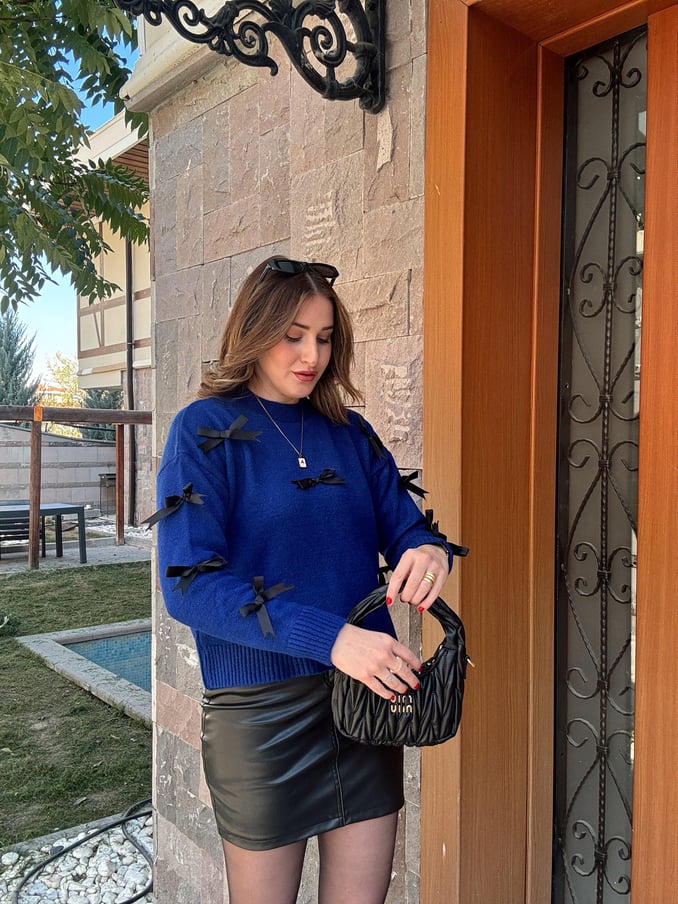 Bow Knit Blouse - SAX BLUE