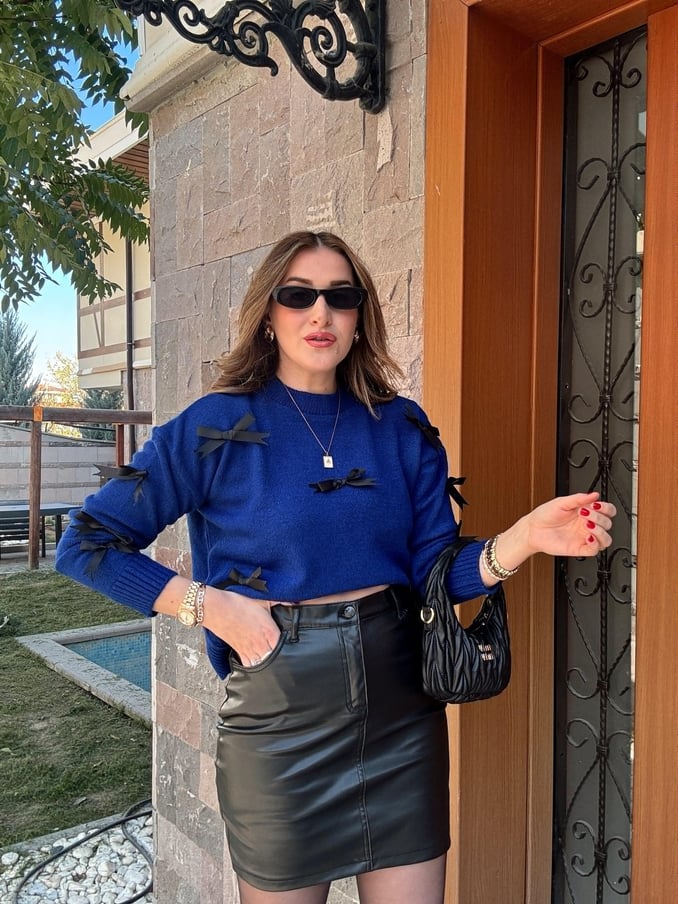 Bow Knit Blouse - SAX BLUE