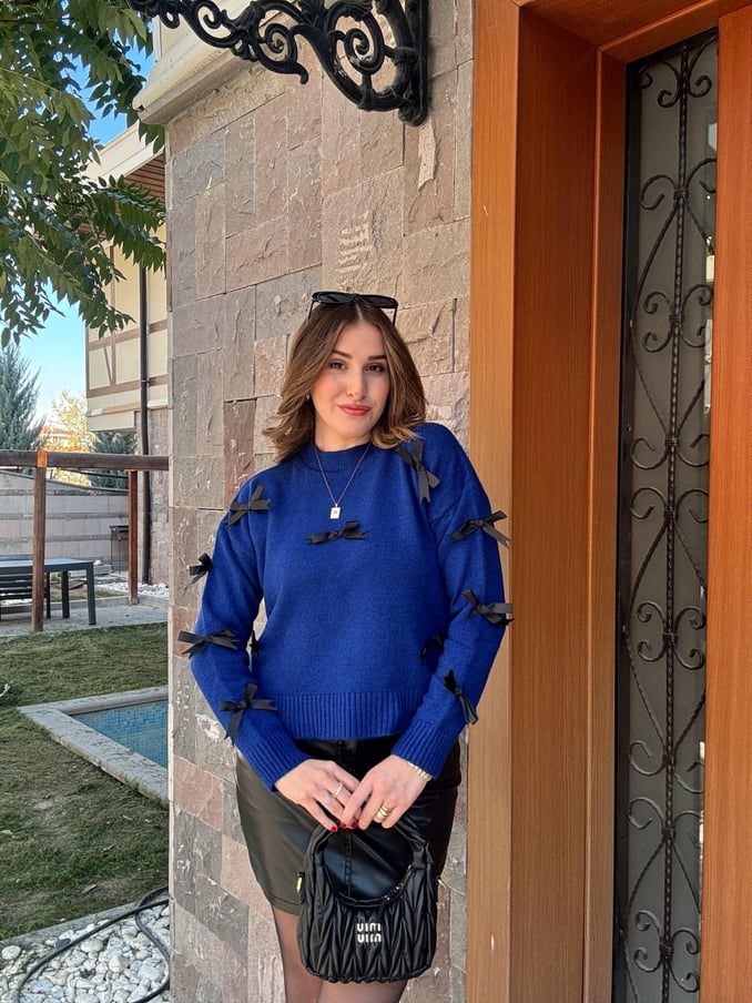 Bow Knit Blouse - SAX BLUE
