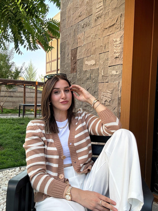 Thick Striped Knitted Cardigan - CAMEL