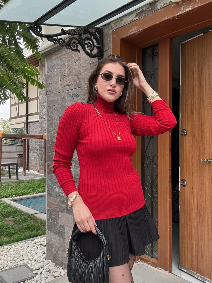 Thick Ribbed Fisherman's Knitwear Top - RED