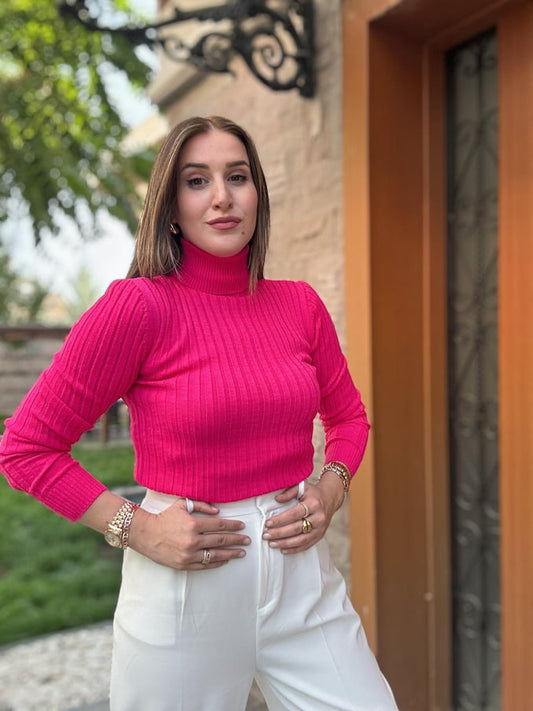 Thick Ribbed Fisherman's Knitwear Top - FUCHSIA