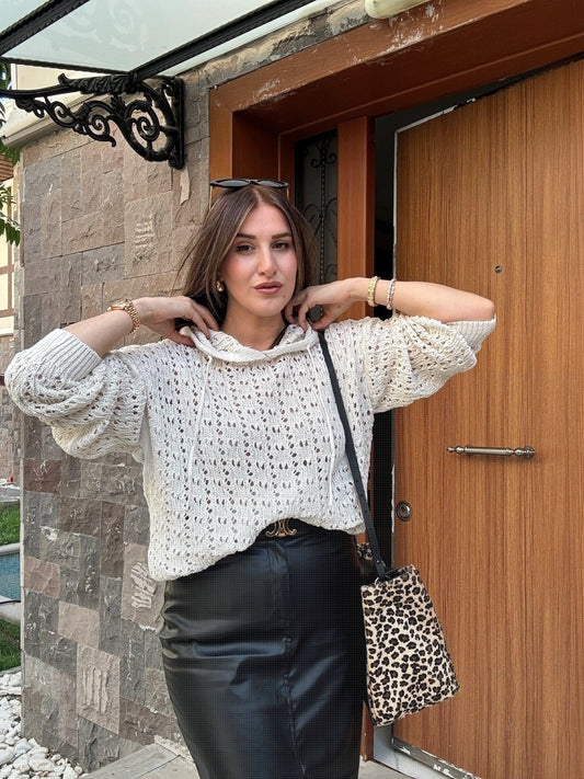 Hooded Openwork Knit Blouse - BEIGE