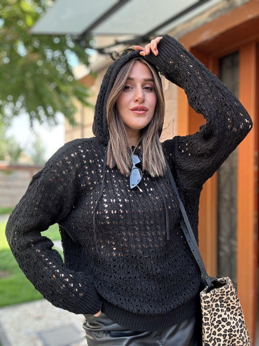 Hooded Openwork Knitted Blouse - BLACK