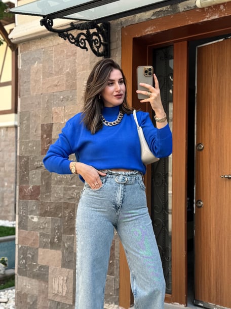 Half Turtleneck Basic Knit Sweater - SAX BLUE