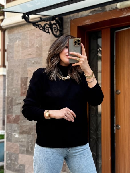 Half Turtleneck Basic Knit Sweater - BLACK