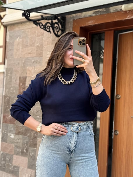 Half Turtleneck Basic Knit Sweater - NAVY BLUE