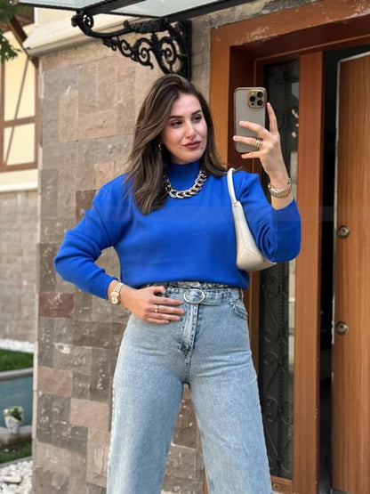 Half Turtleneck Basic Knit Sweater - SAX BLUE