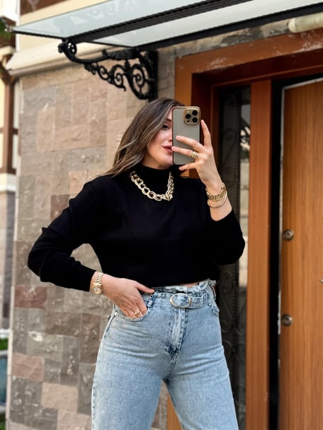 Half Turtleneck Basic Knit Sweater - BLACK