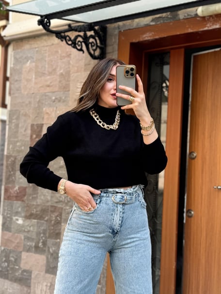 Half Turtleneck Basic Knit Sweater - BLACK