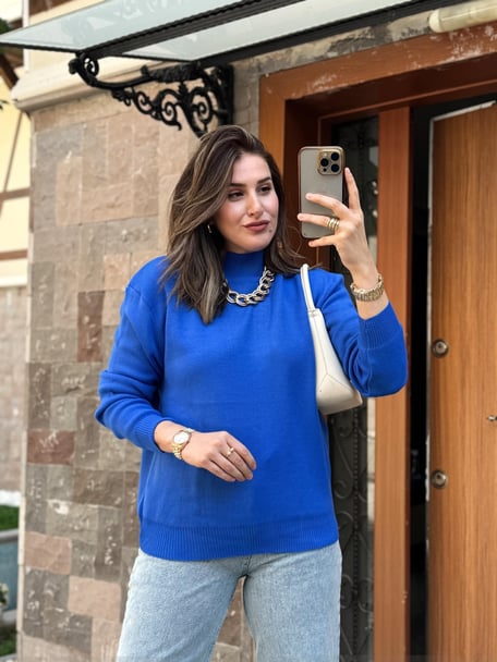 Half Turtleneck Basic Knit Sweater - SAX BLUE