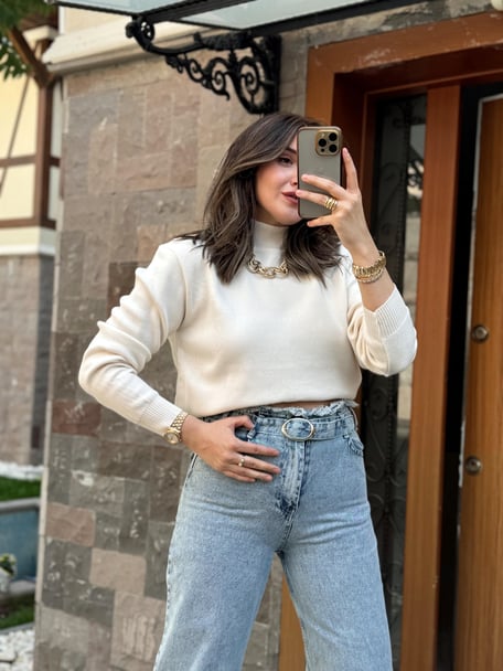 Half Turtleneck Basic Knit Sweater - LATTE