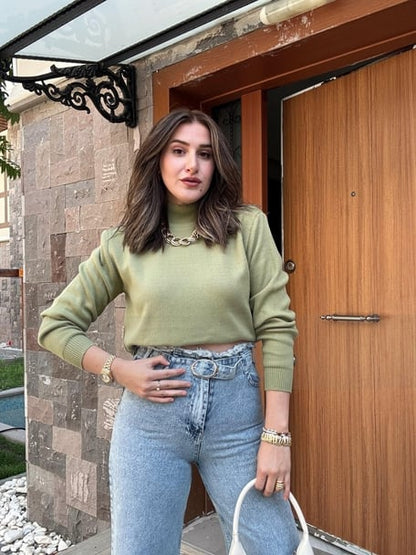 Half Turtleneck Basic Knit Sweater - GREEN