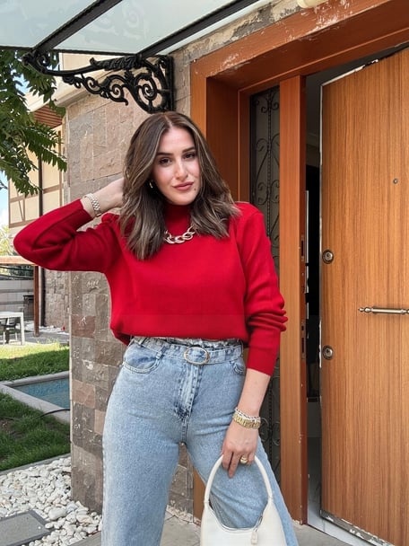 Half Turtleneck Basic Knit Sweater - RED